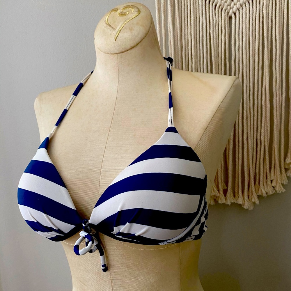 Blue and white striped padded bikini top